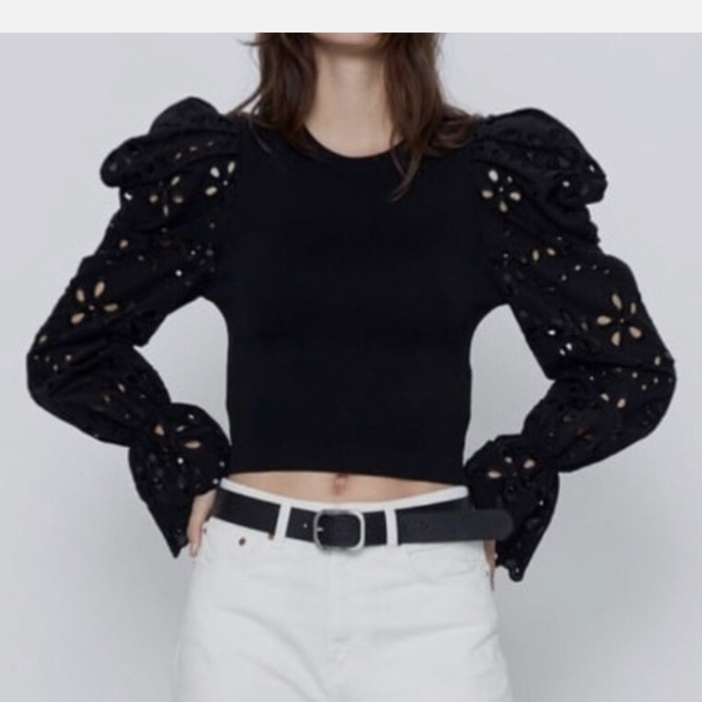 Zara Black Eyelet Puff-Sleeve Knit Top